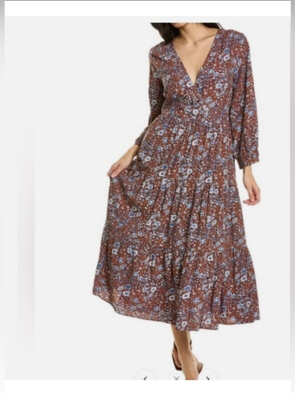 Madewell Brown Floral V-Neck Tiered Maxi Dress with Blue Accents - Picture 2 of 12